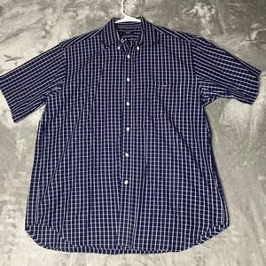Eden Park Mens Short Sleeve Button Down Shirt Navy White Gingham Large EUC